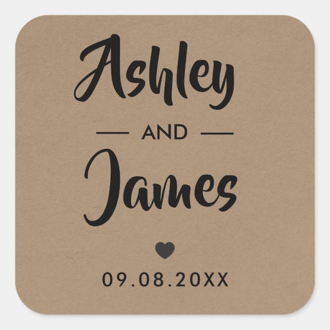 Kraft Wedding Favor Sticker, Personalized, Names Square Sticker (Front)