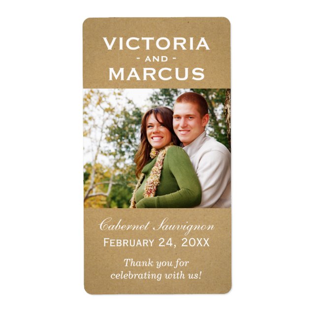 Kraft Wedding Monogram Photo Wine Bottle Favor Label (Front)