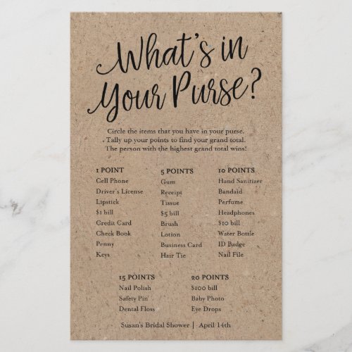 Kraft Whats in Your Purse Bridal Shower Game Card