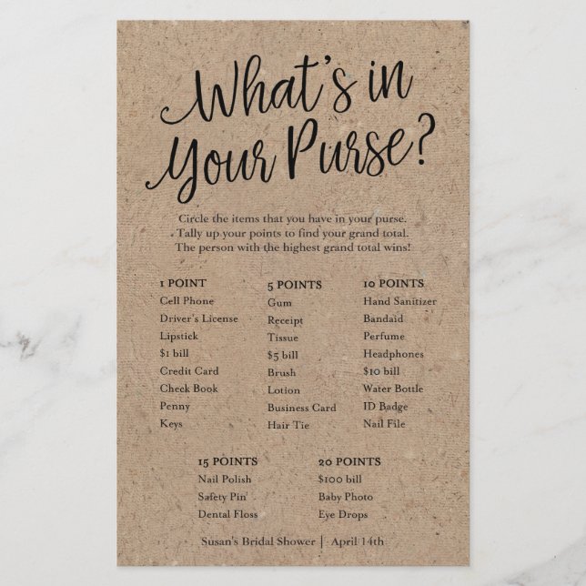 Kraft What's in Your Purse Bridal Shower Game Card (Front)
