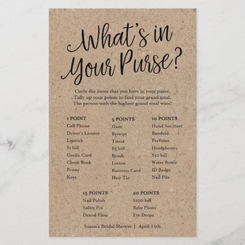 Kraft Whats in Your Purse Bridal Shower Game Card