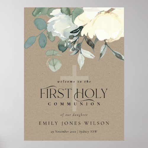 KRAFT WHITE FLORAL FIRST HOLY COMMUNION WELCOME POSTER