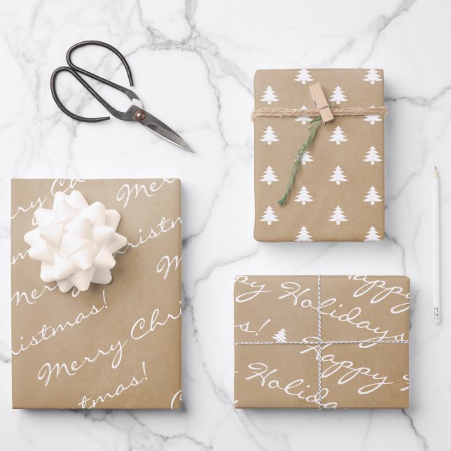 Kraft White Merry Christmas Happy Holidays Trees Wrapping Paper Sheets (Front)