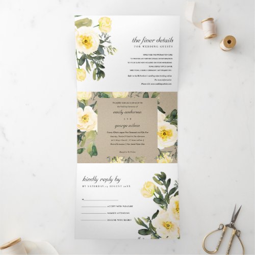 KRAFT WHITE YELLOW PEONY FLORAL WATERCOLOR WEDDING Tri_Fold INVITATION