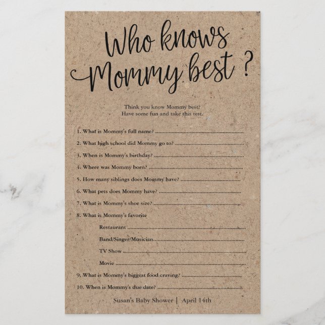 Kraft Who Know's Mommy Best Shower Paper Game Card (Front)