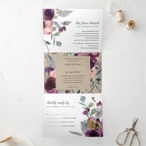 KRAFT WILD PURPLE LILAC FLORAL WATERCOLOR WEDDING Tri_Fold INVITATION