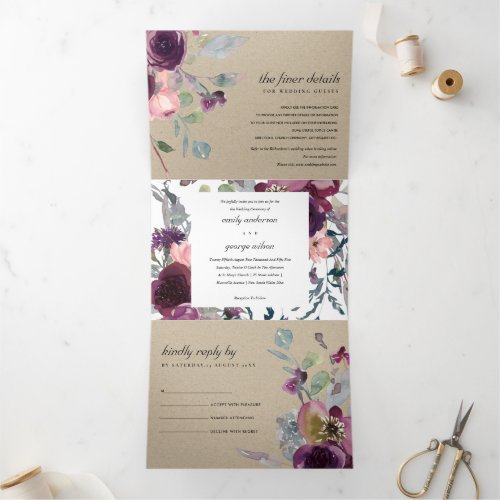 KRAFT WILD PURPLE LILAC FLORAL WATERCOLOR WEDDING Tri_Fold INVITATION