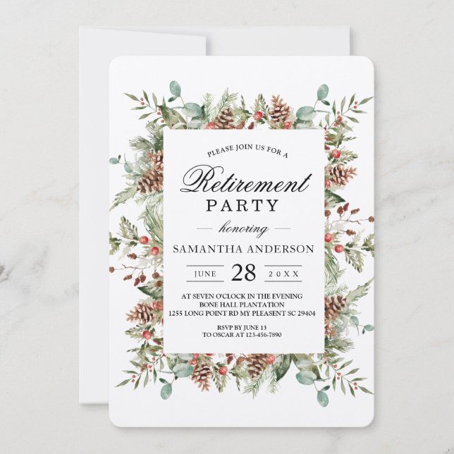 Kraft Winter Green Pine Cone Frame Invitation (Front)