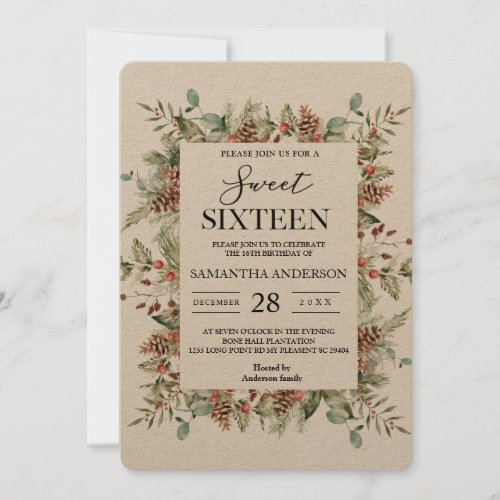 Kraft Winter Green Pine Cone Frame Invitation