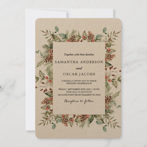 Kraft Winter Green Pine Cone Frame Invitation