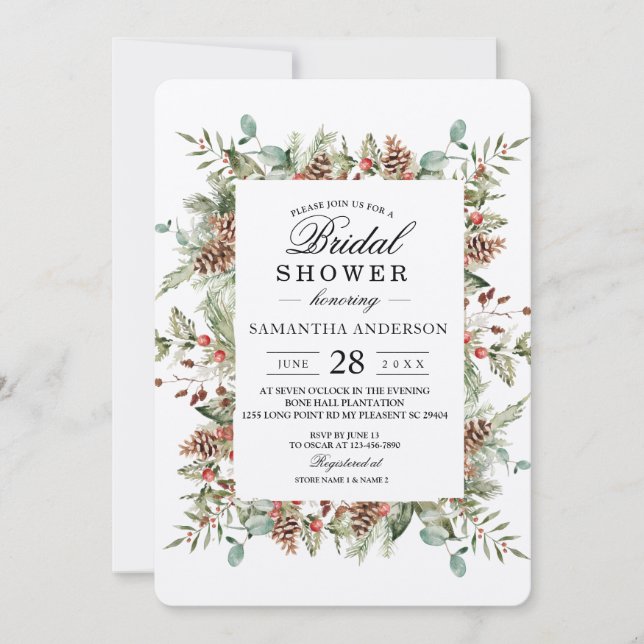 Kraft Winter Green Pine Cone Frame Invitation (Front)