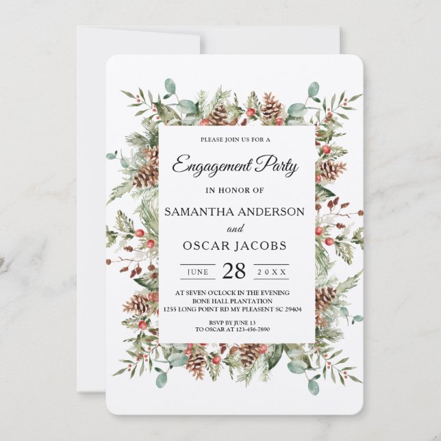 Kraft Winter Green Pine Cone Frame Invitation (Front)