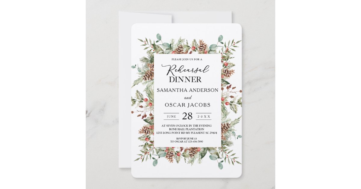 Kraft Winter Green Pine Cone Frame Invitation | Zazzle