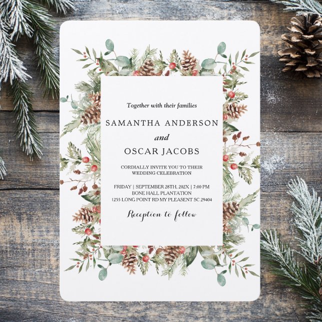 Kraft Winter Green Pine Cone Frame Invitation (Creator Uploaded)