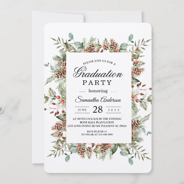 Kraft Winter Green Pine Cone Frame Invitation (Front)