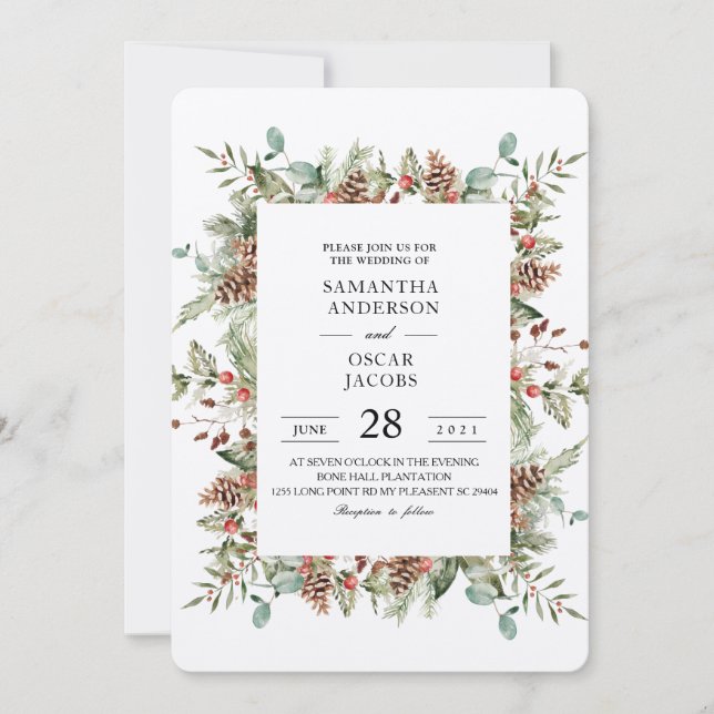 Kraft Winter Green Pine Cone Frame Invitation (Front)