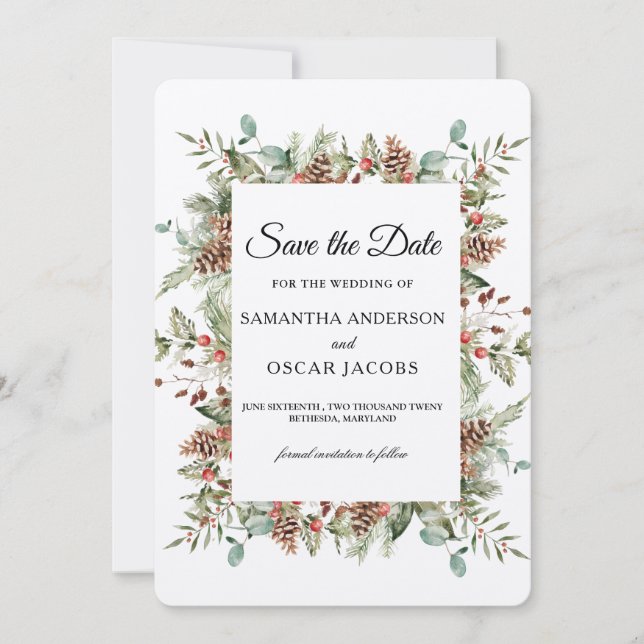 Kraft Winter Green Pine Cone Frame Save The Date (Front)