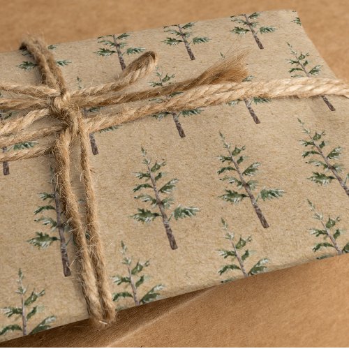 Kraft Winter Pine Green Watercolor Tree Wrapping Paper