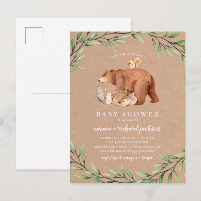Kraft Woodland Greenery Forest Animals Baby Shower Invitation Postcard (Front/Back)