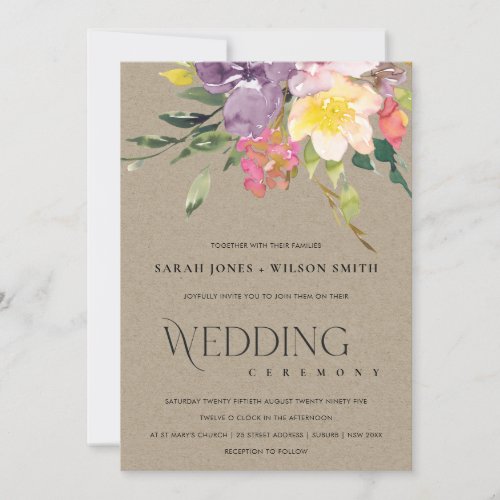 KRAFT YELLOW BLUSH BURGUNDY FLORAL BUNCH WEDDING INVITATION