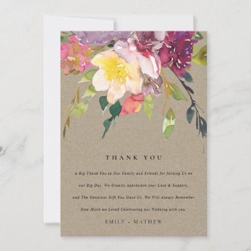 KRAFT YELLOW BLUSH BURGUNDY FLORAL BUNCH WEDDING THANK YOU CARD