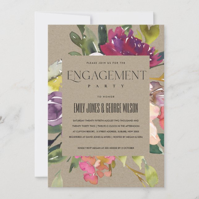 KRAFT YELLOW BLUSH BURGUNDY FLORAL ENGAGEMENT INVITATION (Front)