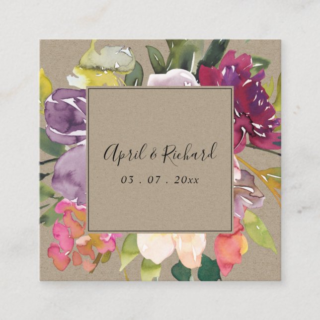 KRAFT YELLOW BLUSH BURGUNDY FLORAL WEDDING WEBSITE SQUARE BUSINESS CARD (Front)