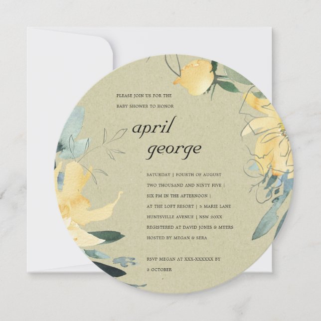 KRAFT YELLOW  GREEN FLORAL BABY SHOWER INVITE (Front)