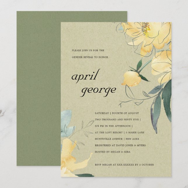 KRAFT YELLOW GREEN FLORAL GENDER REVEAL INVITE (Front/Back)