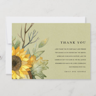 KRAFT YELLOW SUNFLOWER WATERCOLOR FLORAL WEDDING THANK YOU CARD