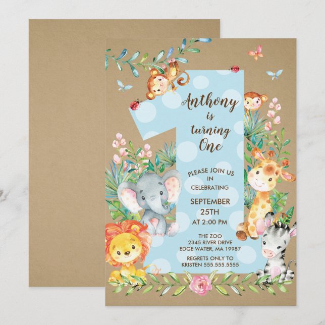 KraftJungle Big One Boys Birthday Invitation (Front/Back)