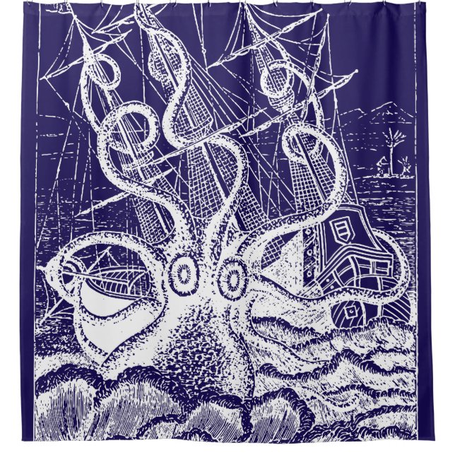 Kraken Attack navy blue shower curtain (Front)