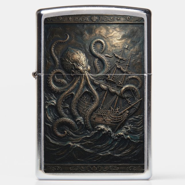 Kraken attacking a big ship Zippo Lighter  (Front)