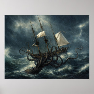 Kraken Attacking Ship Steampunk Poster
