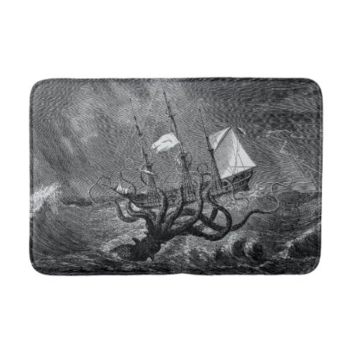 Kraken Attacking Ship vintage etching Bath Mat