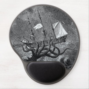 Kraken Attacking Ship vintage etching Gel Mouse Pad