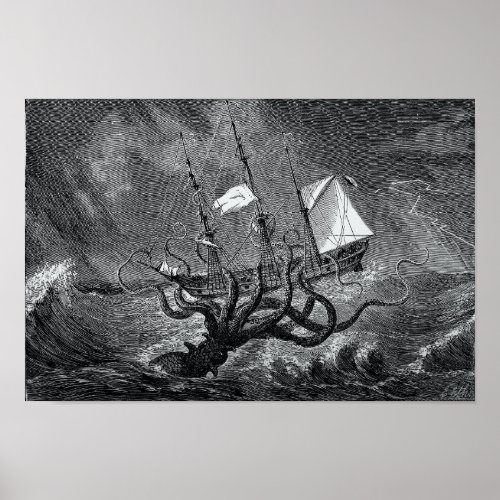 Kraken Attacking Ship vintage etching Poster