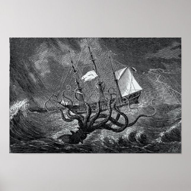 Kraken Attacking Ship vintage etching Poster (Front)