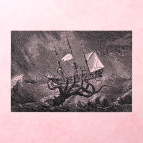 Kraken Attacking Ship vintage etching Wall Decal