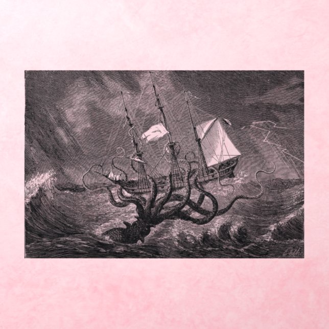 Kraken Attacking Ship vintage etching Wall Decal (Insitu 3)