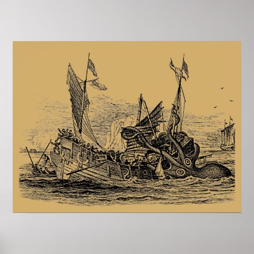 Kraken Attacks Ship Vintage Steampunk Poster