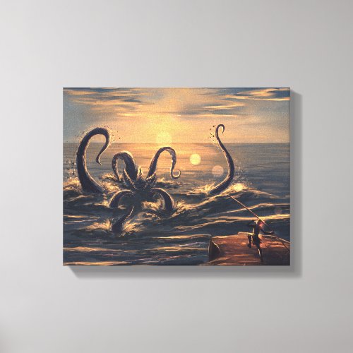 Kraken in the sea at sunset canvas print