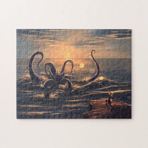 Kraken in the sea at sunset jigsaw puzzle