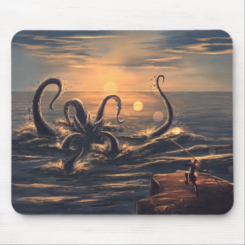 Kraken in the sea at sunset mouse pad