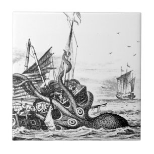 Kraken/Octopus Eatting A Pirate Ship, Black/White Ceramic Tile