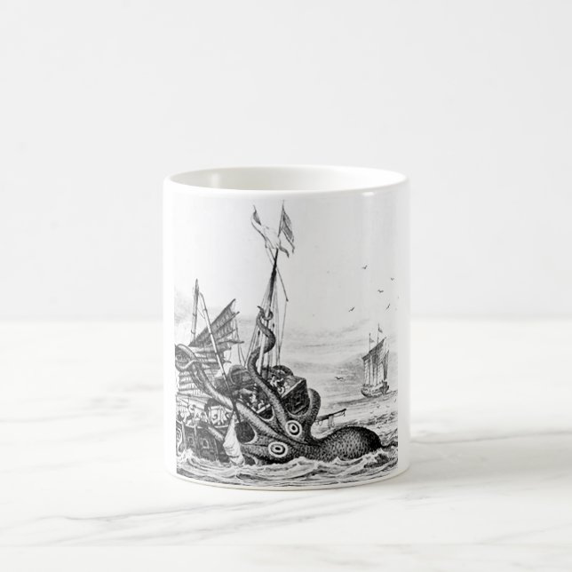 Kraken/Octopus Eatting A Pirate Ship, Black/White Coffee Mug (Center)