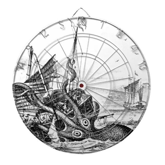Kraken/Octopus Eatting A Pirate Ship, Black/White Dart Board Zazzle