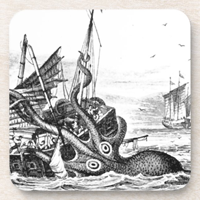 Kraken/Octopus Eatting A Pirate Ship, Black/White Drink Coaster (Front)