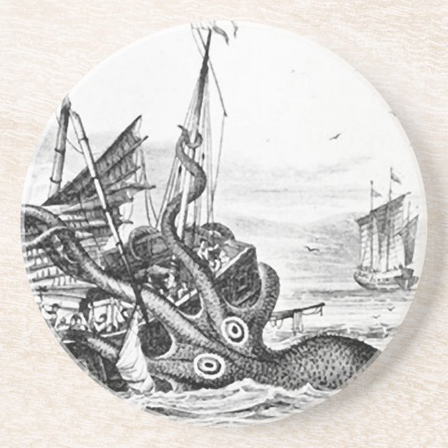 Kraken/Octopus Eatting A Pirate Ship, Black/White Drink Coaster (Front)