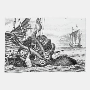 Kraken/Octopus Eatting A Pirate Ship, Black/White Kitchen Towel